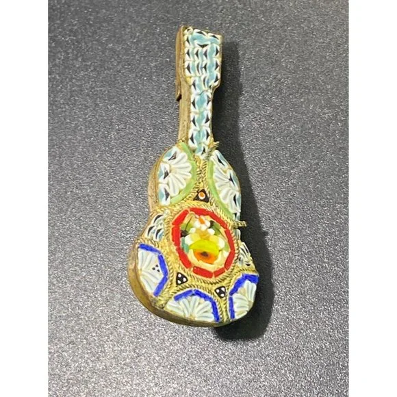 Vintage Micro Mosaic Guitar Brooch Pin Italy Gold Tone Instrument - Picture 3 of 7